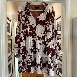 Vici Burgundy/Brown and White Long Sleeve Floral Babydoll Dress